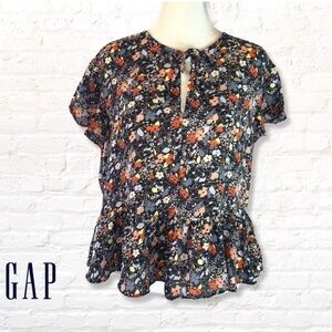 Gap Women Navy Floral Peplum Short Sleeve Blouse Top Size S  Blue